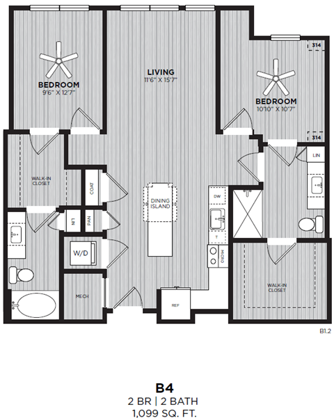 Floor plan for 2 beds, 2 baths, 1099 sqft